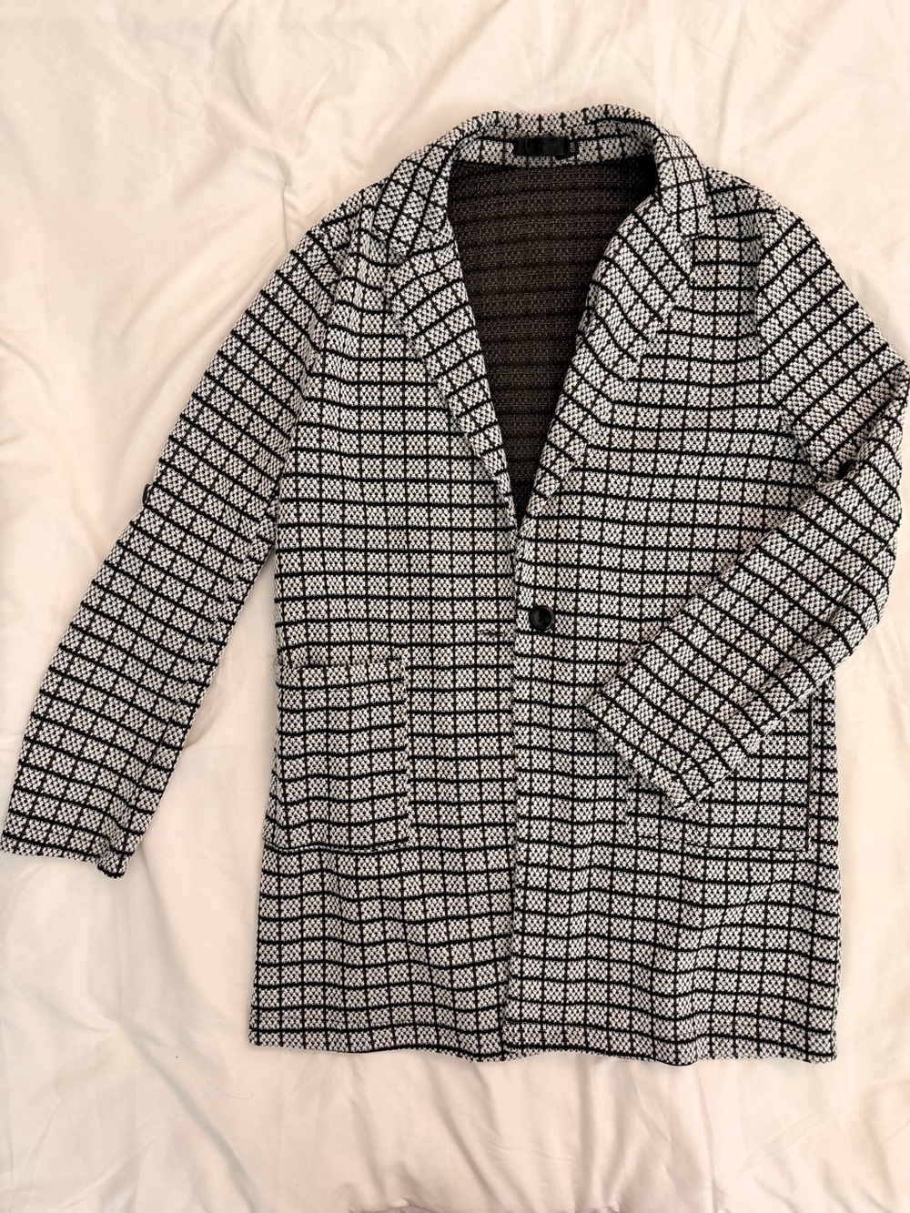 Women's Black & White Checked Coat - Classic Single-Button Jacket